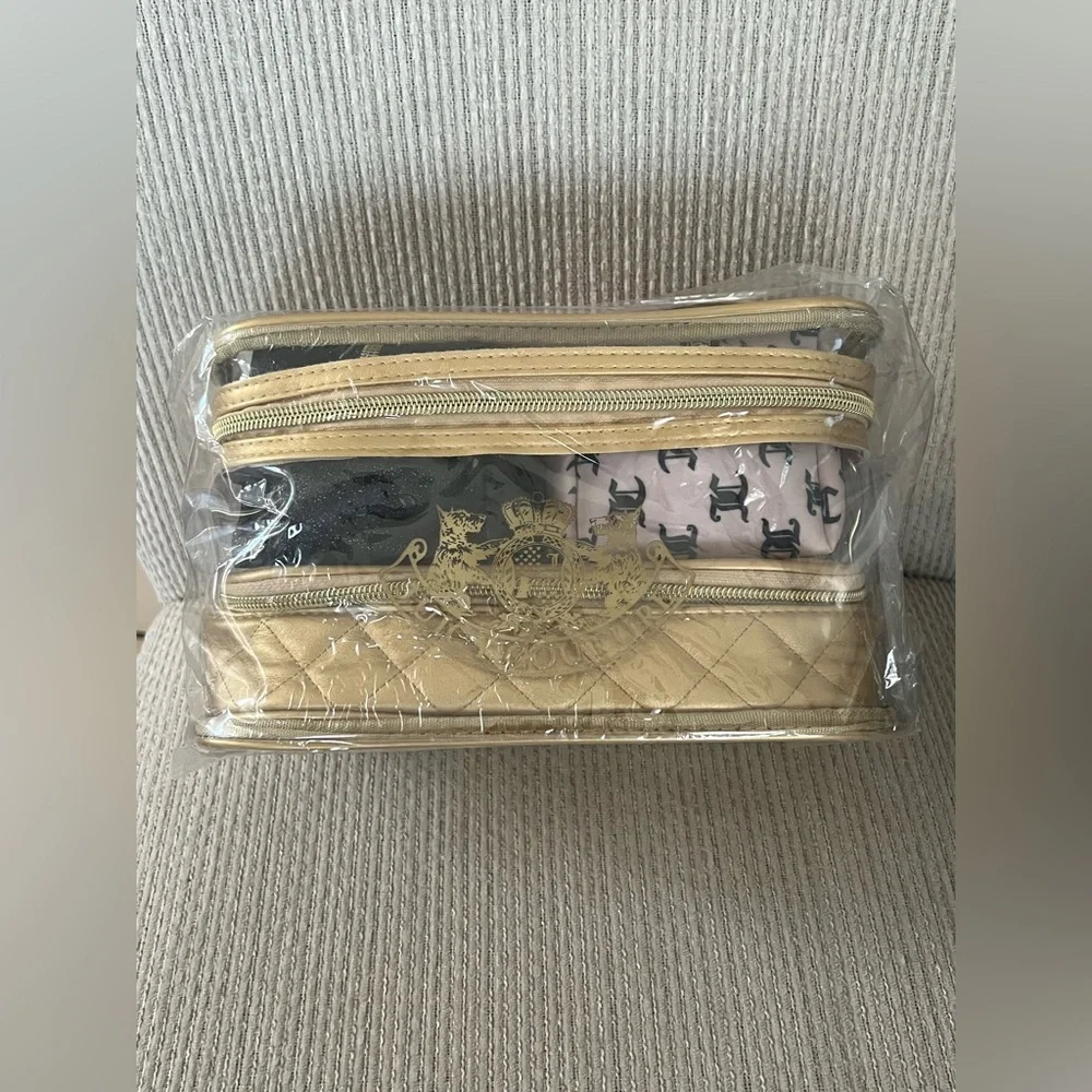 NWT Juicy Couture Gold & Black Cosmetic Bag Set PLUS Travel Toiletry Bottle NEW